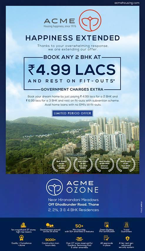 Avail home loans with no EMI's till fit - outs at Acme Ozone